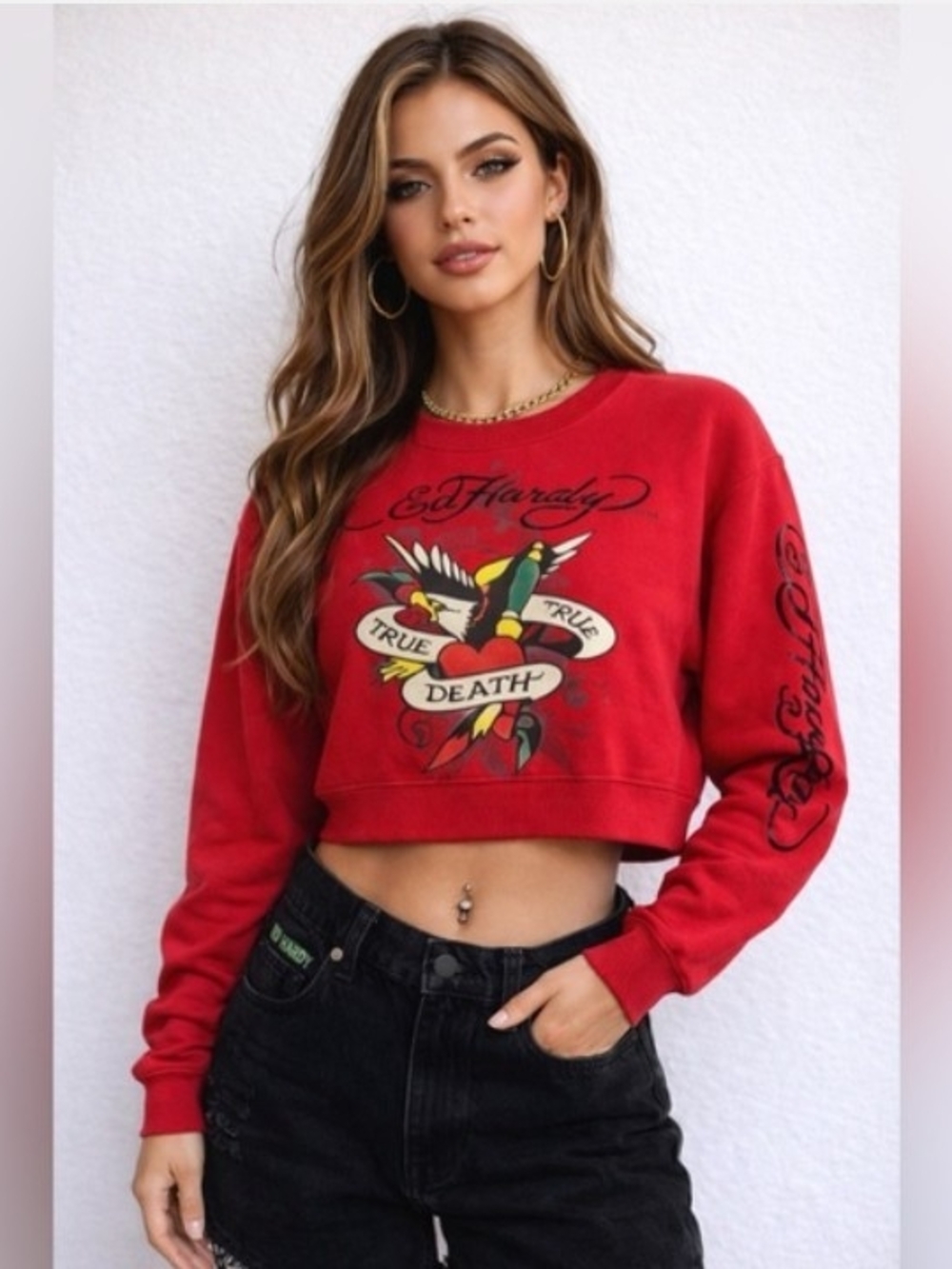 Ed Hardy Red Cropped Tattoo-Graphic Sweatshirt